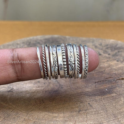Sterling Silver Stacking Rings Set: Assorted Patterns, Thin & Thick
