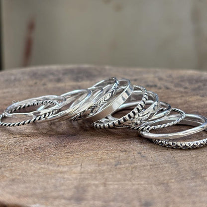 Sterling Silver Stacking Rings Set: Assorted Patterns, Thin & Thick