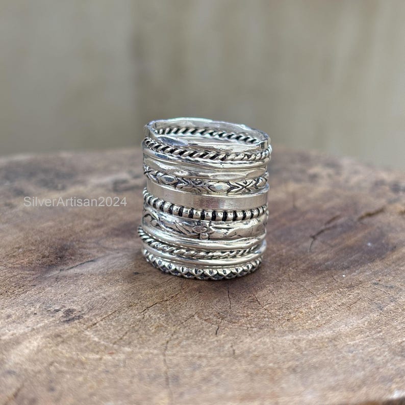 Sterling Silver Stacking Rings Set: Assorted Patterns, Thin & Thick