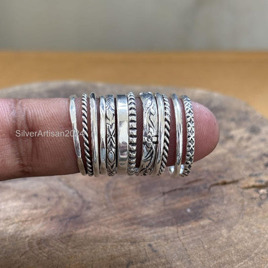 Sterling Silver Stacking Rings Set: Assorted Patterns, Thin & Thick