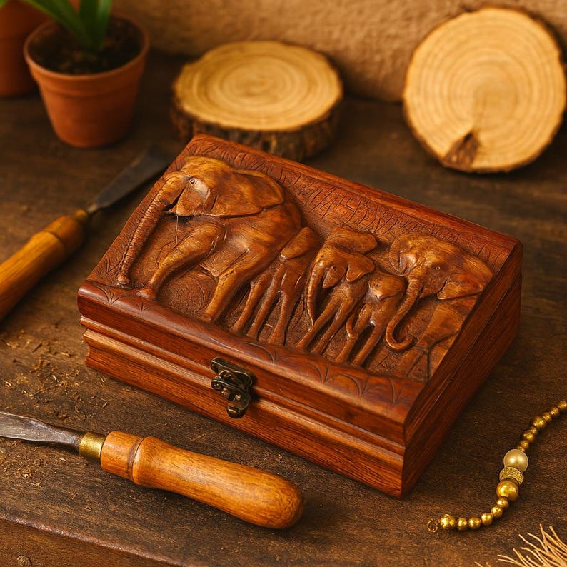 Hand Carved Wood Elephant Jewelry Box: Vintage Wildlife Keepsake Chest